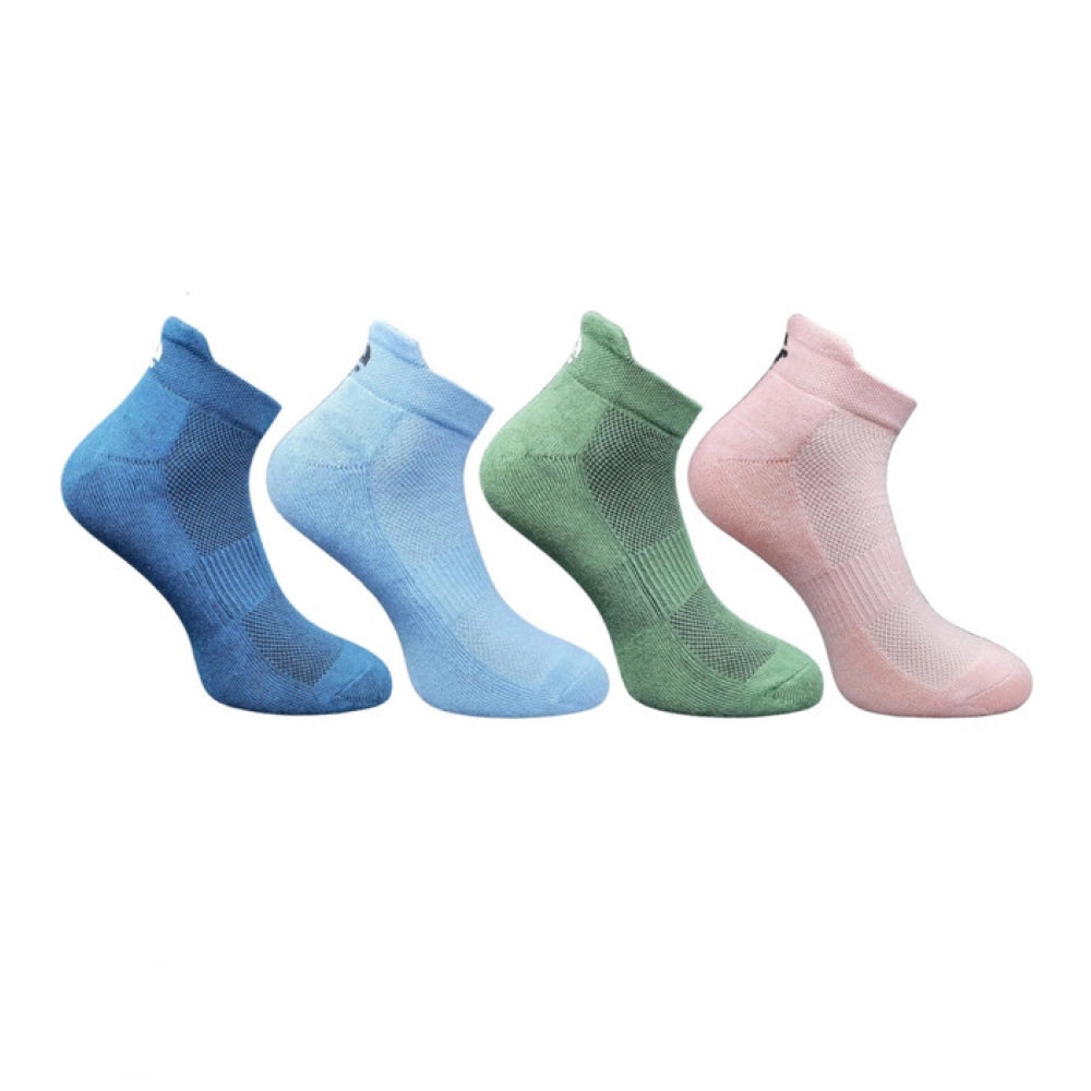 Multicolor unisex casual cotton ankle length socks - navy blue, sky blue, olive, light peach design on feet