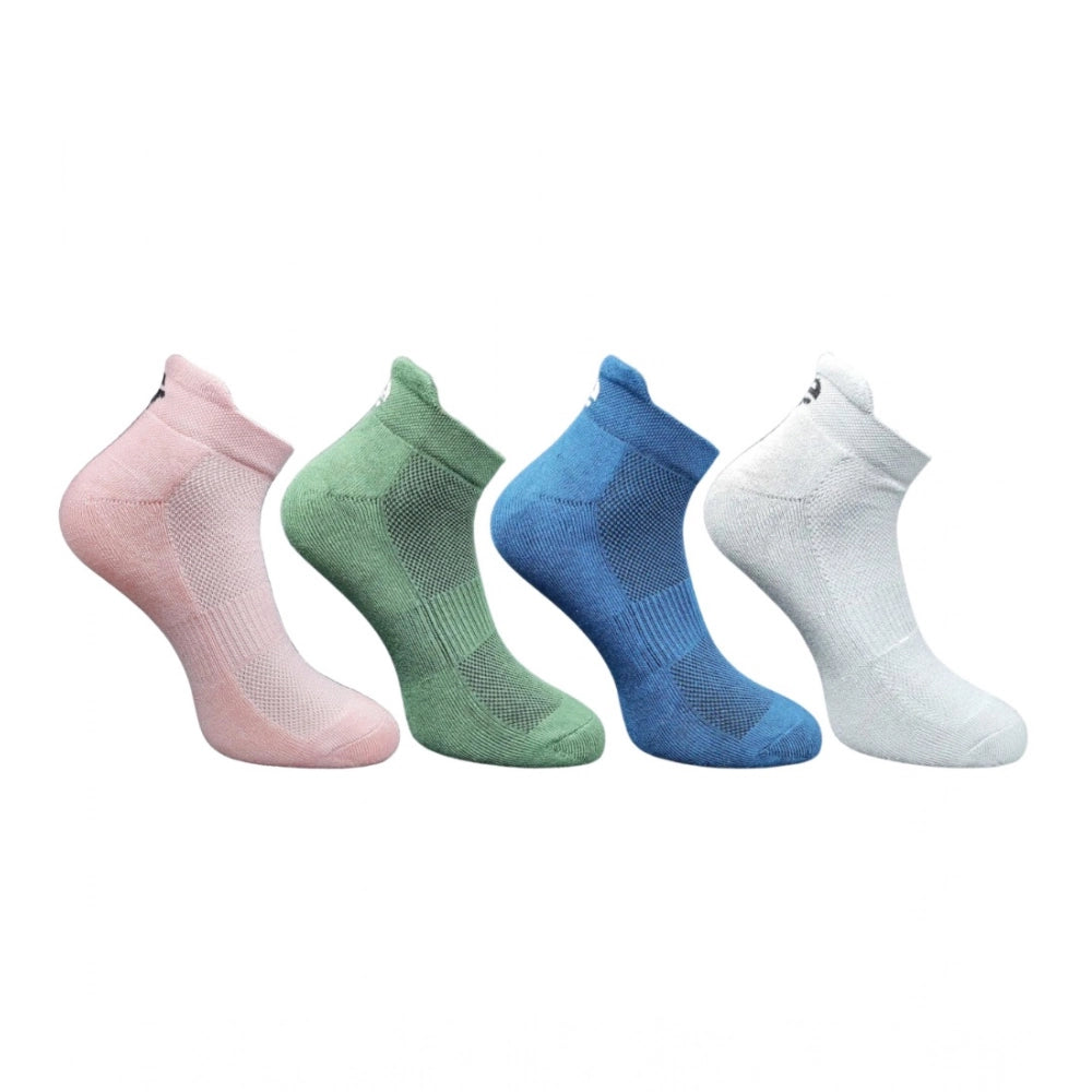 Multicolor unisex casual cotton ankle socks: Light Peach, Olive, Navy Blue, Light Grey on display rack
