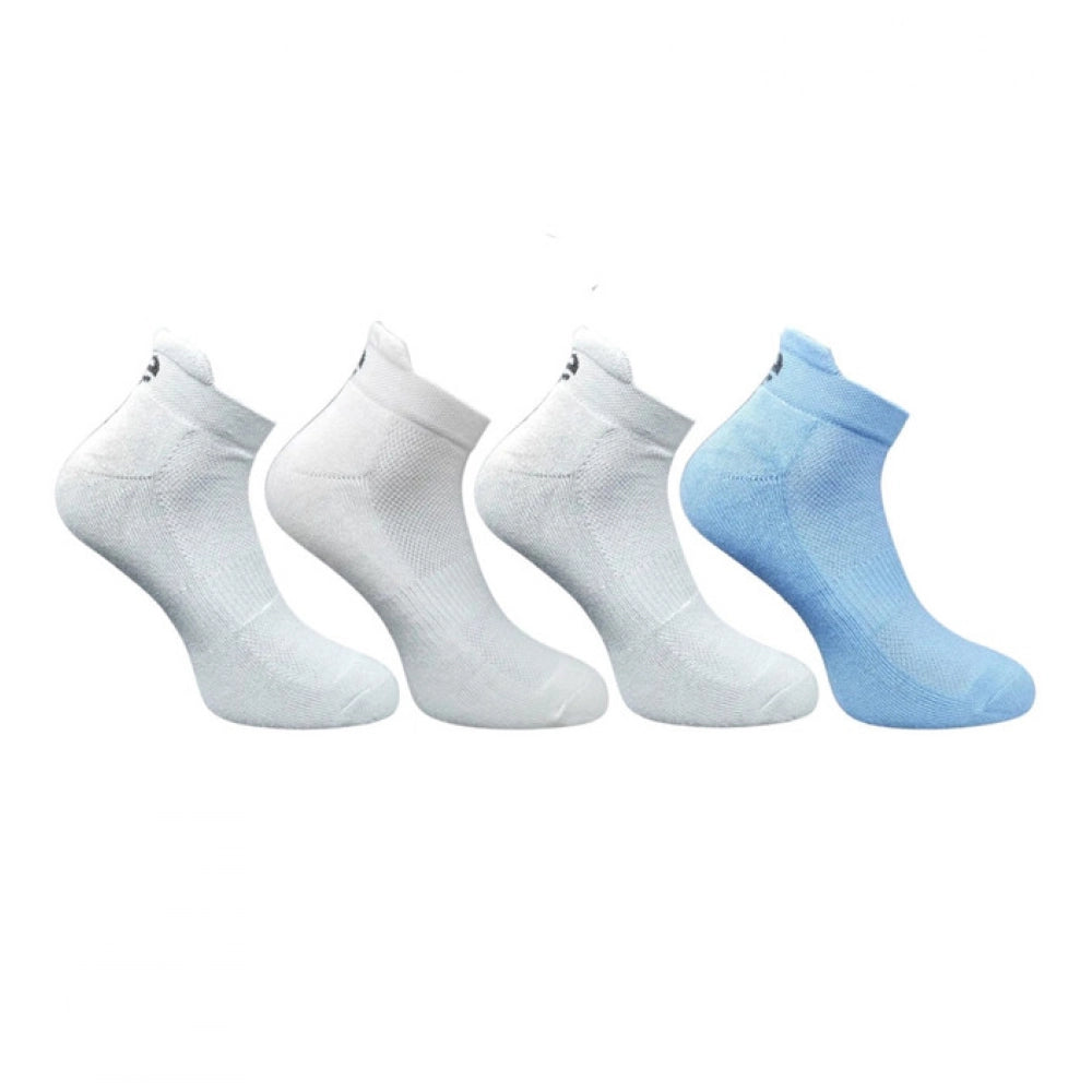 Multicolor unisex casual cotton ankle socks, light grey, off white, sky blue on foot