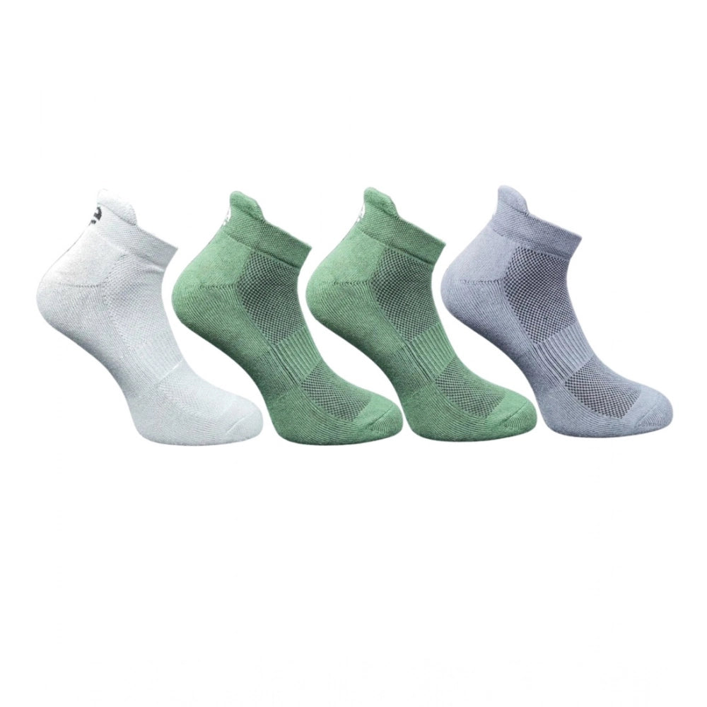 Multicolor unisex casual cotton ankle socks with printed design, light grey, olive, olive, dark grey set of four