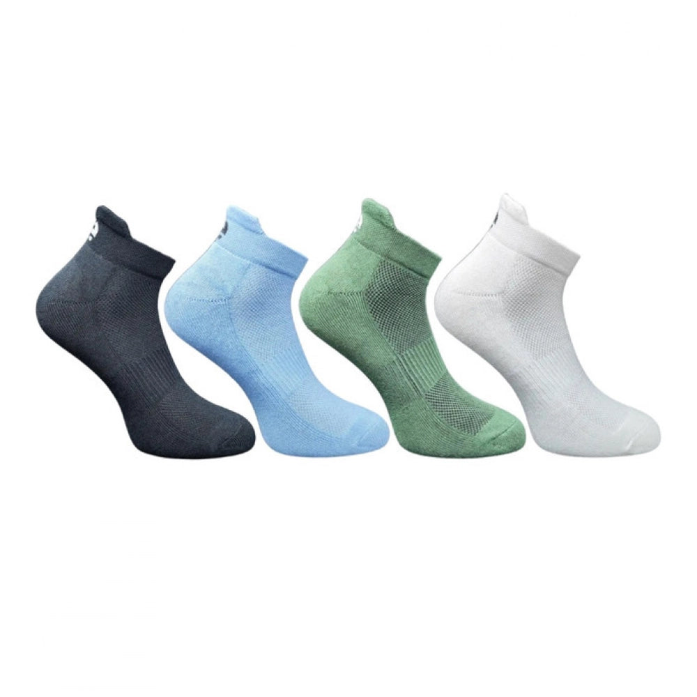 Multicolor unisex casual cotton printed ankle-length socks: black, sky blue, olive, off white (varies slightly)