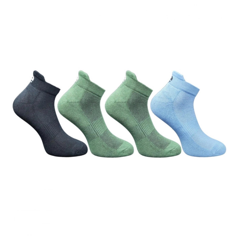 Multicolor unisex casual cotton printed ankle length socks: black, olive, olive, sky blue on feet
