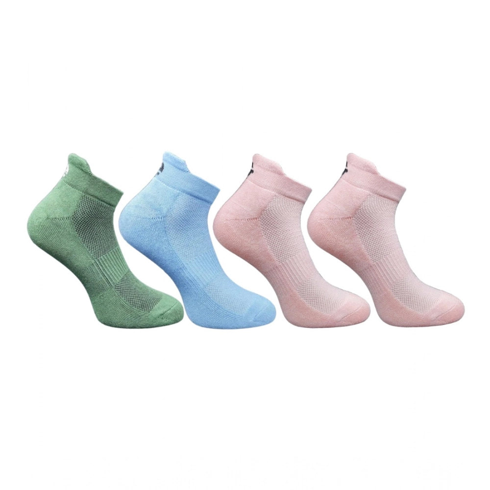 Multicolor unisex casual cotton printed ankle length socks - olive, sky blue, light peach pairing
