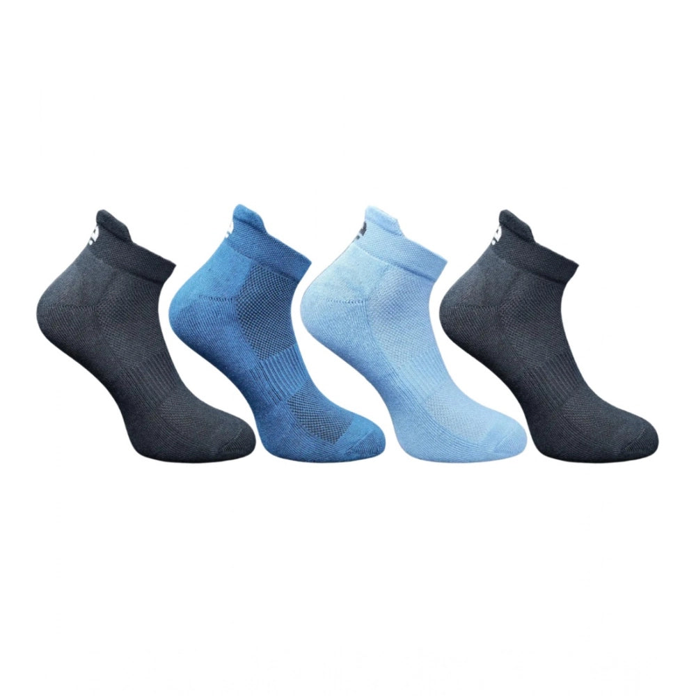 Multicolor unisex casual cotton ankle length socks with prints, features black, navy blue, sky blue - varying from image depictions
