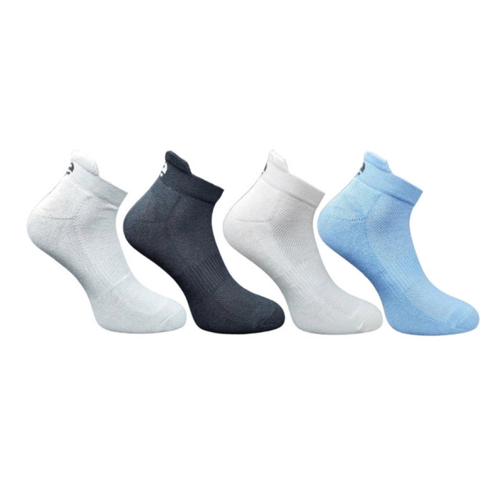 Multicolor unisex casual cotton ankle socks with printed design, featuring light grey, black, off white, sky blue hues