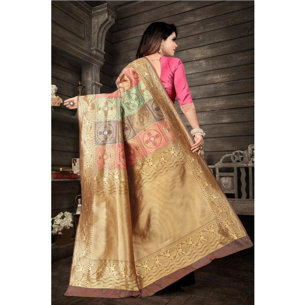 Soft gold lichi silk printed saree with unstitched blouse, vibrant design for Indian women's traditional attire (5.5mtr)