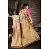Soft gold lichi silk printed saree with unstitched blouse, vibrant design for Indian women's traditional attire (5.5mtr)