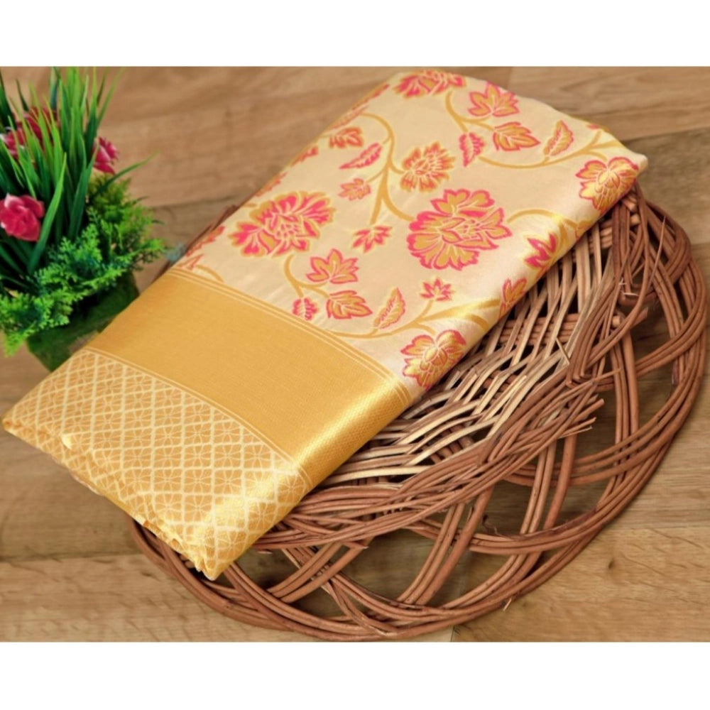 Gold soft lichi silk printed saree with unstitched blouse (5.5mtr)
