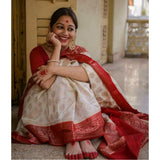 White soft lichi silk printed saree with unstitched blouse, luxurious Indian wear for women