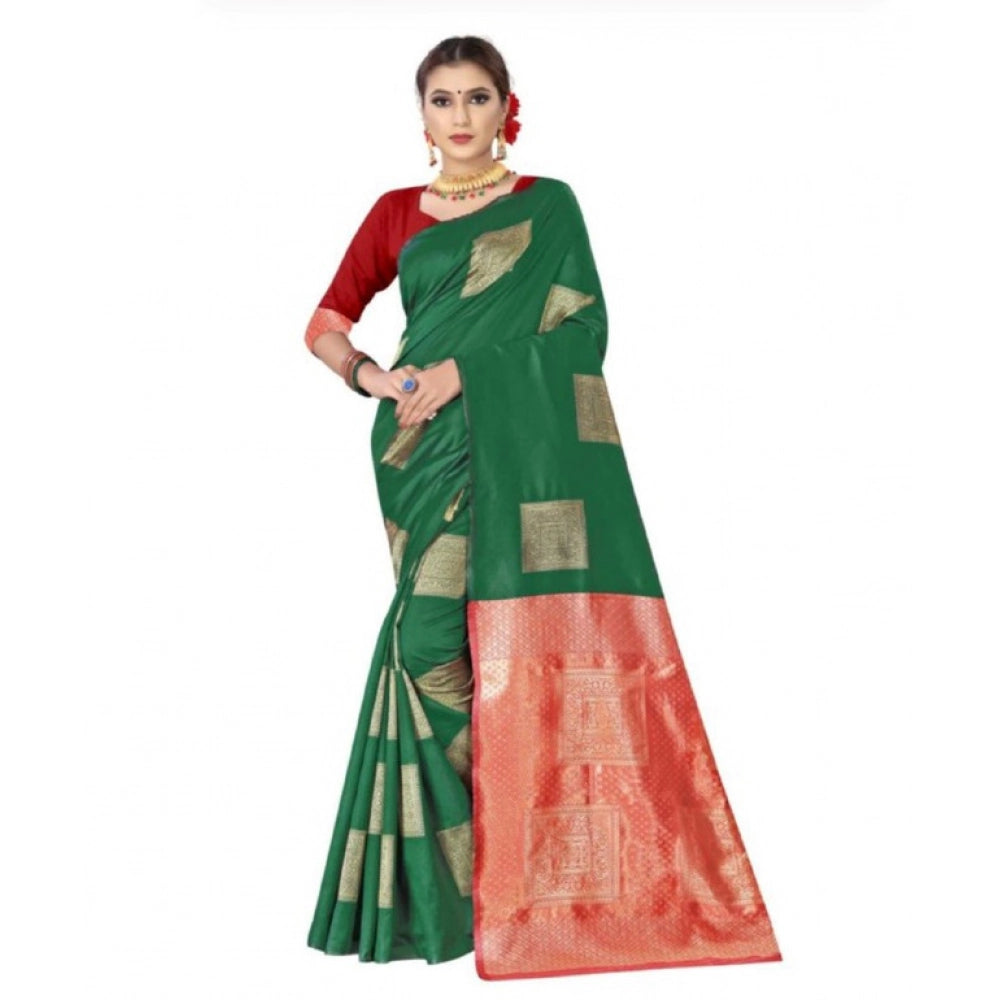 Green soft lichi silk printed saree with unstitched blouse, vibrant floral pattern