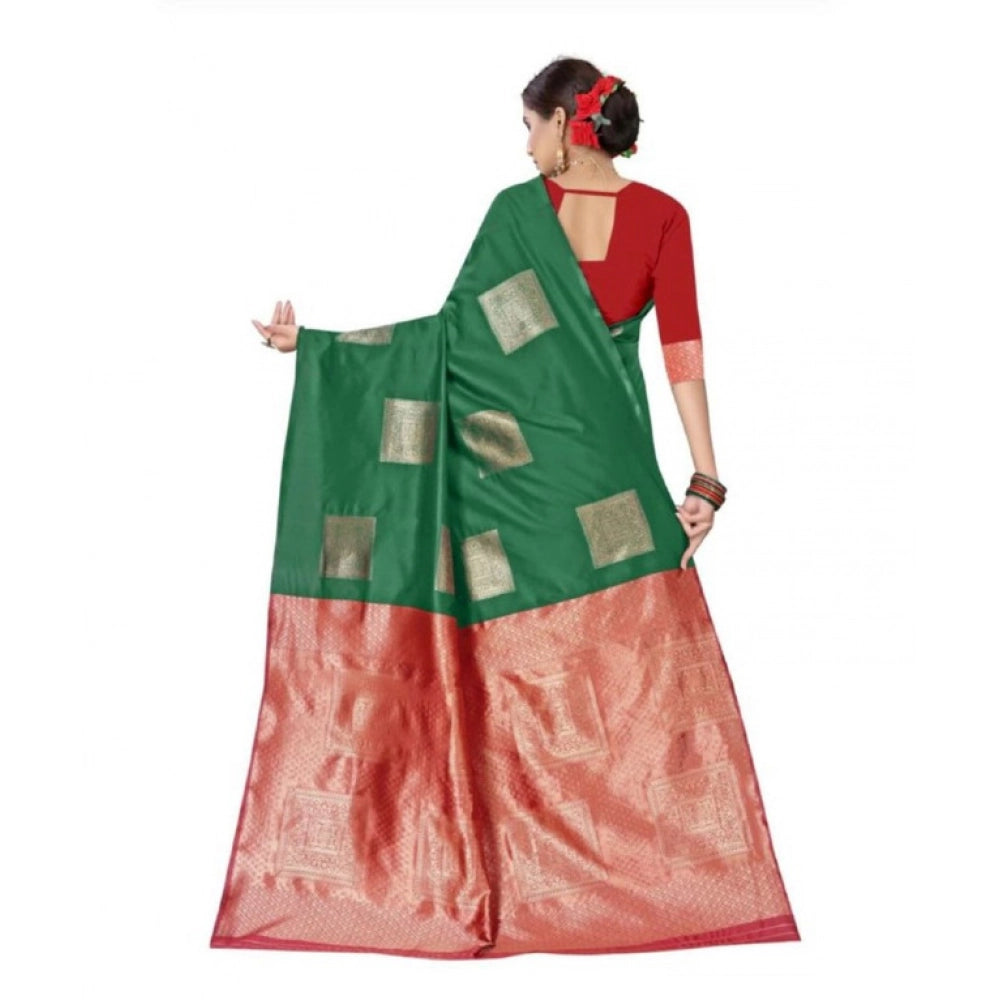 Green soft lichi silk printed saree with unstitched blouse, 5.5mtr length