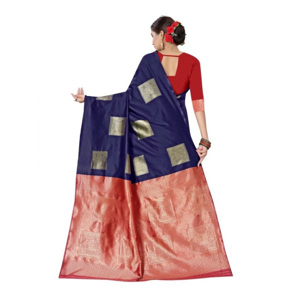 Blue soft lichi silk printed saree with unstitched blouse, elegant Indian attire on mannequin