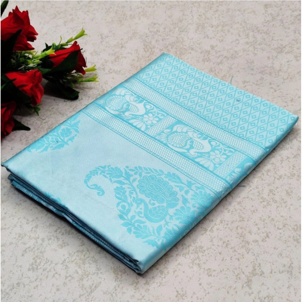 Soft sky blue lichi silk saree with unstitched blouse, printed pattern for women's fashion