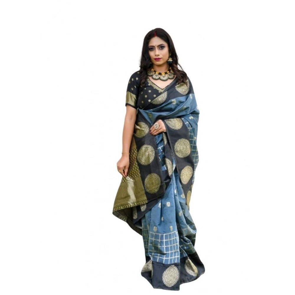 Grey soft lichi silk printed saree with unstitched blouse, 5.5mtr