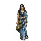 Grey soft lichi silk printed saree with unstitched blouse, 5.5mtr