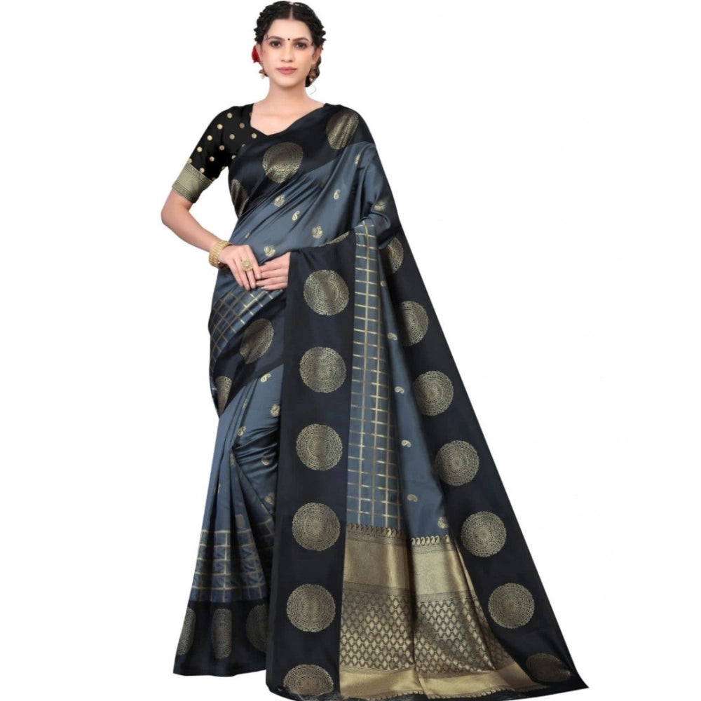 Black soft lichi silk printed saree with unstitched blouse, luxurious Indian wear for women
