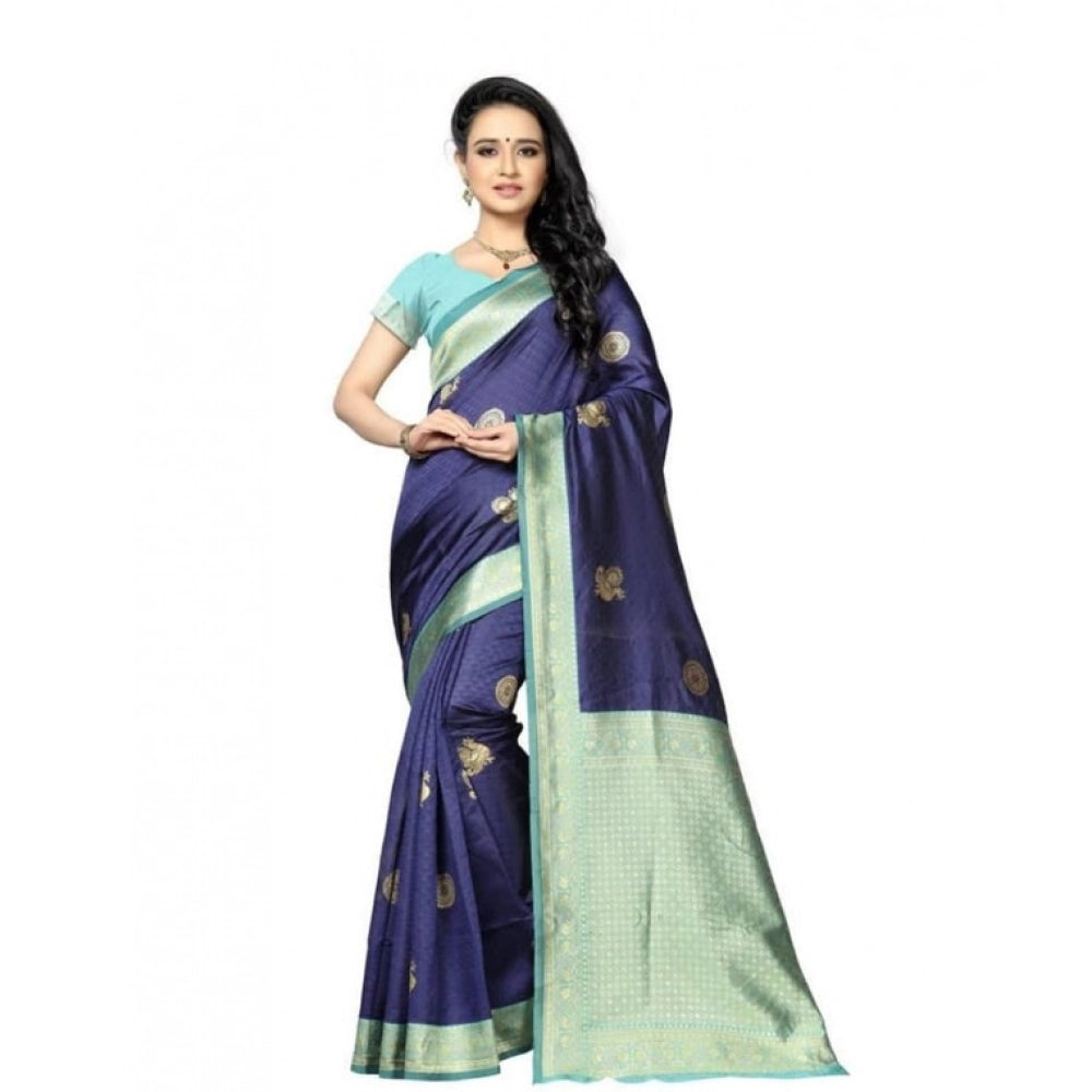 Navy blue soft lichi silk printed saree with unstitched blouse, vibrant floral pattern