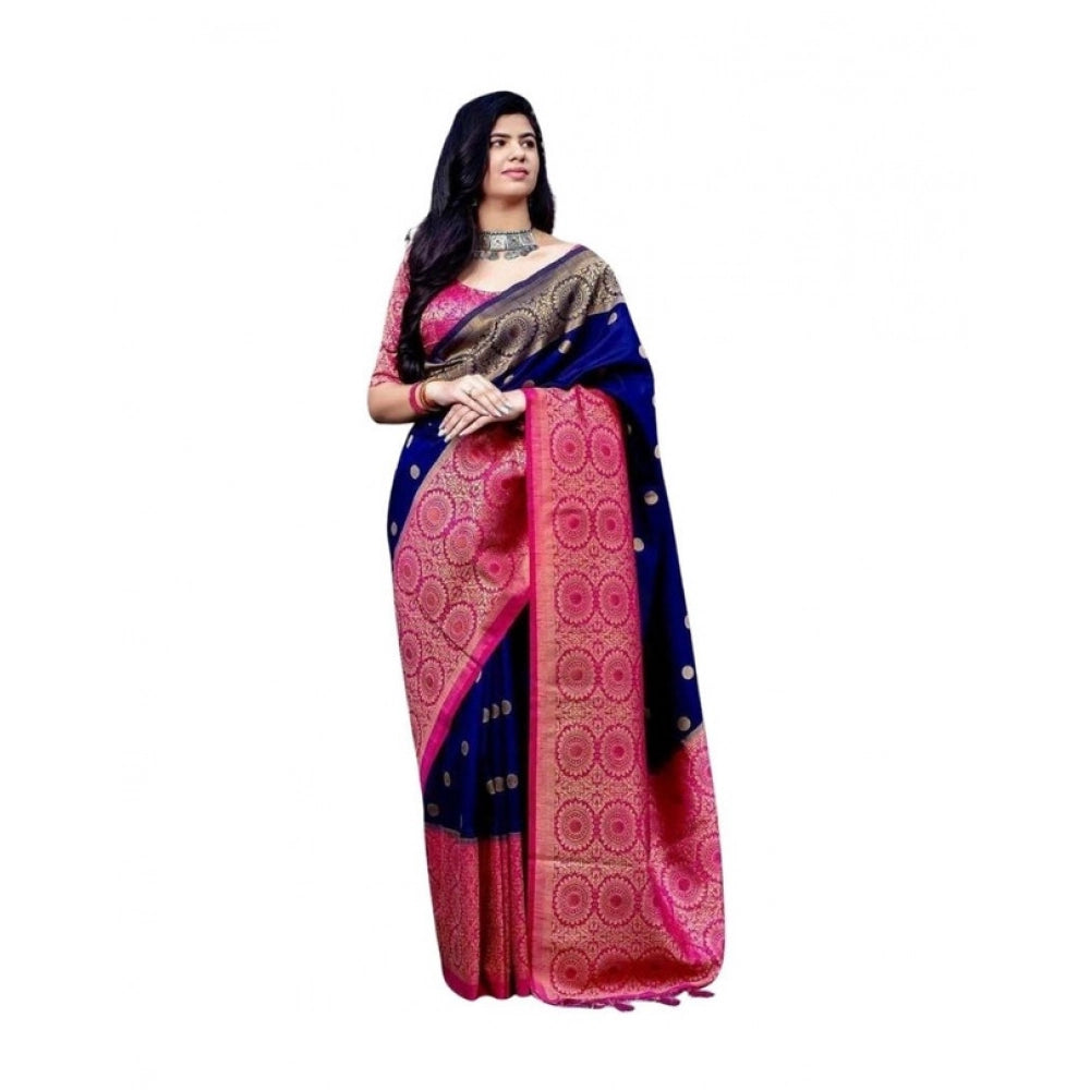 Blue soft lichi silk printed saree with unstitched blouse, 5.5mtr