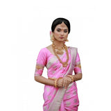 Pink soft lichi silk printed saree with unstitched blouse (5.5mtr)