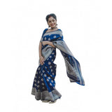Soft blue lichi silk printed saree with unstitched blouse, vibrant floral pattern on 5.5mtr fabric