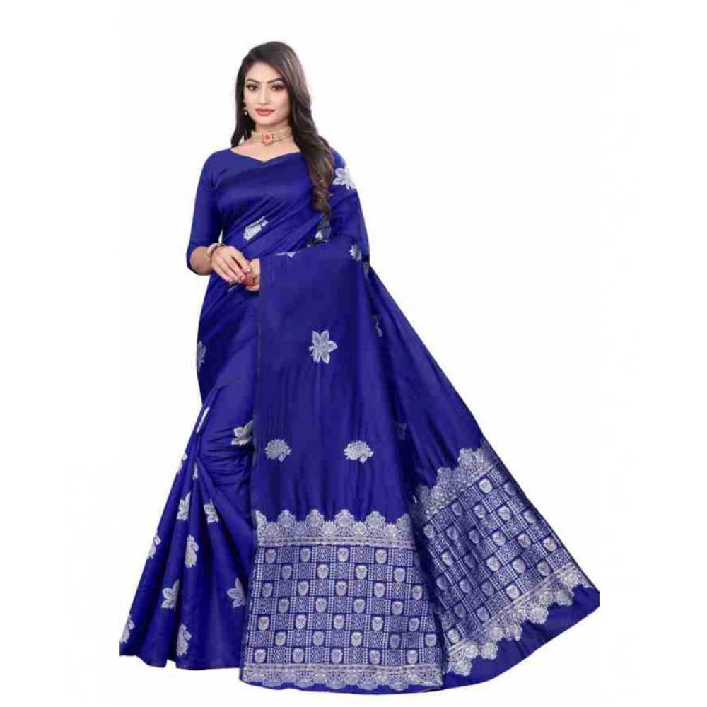 Blue soft lichi silk printed saree with unstitched blouse, 5.5mtr