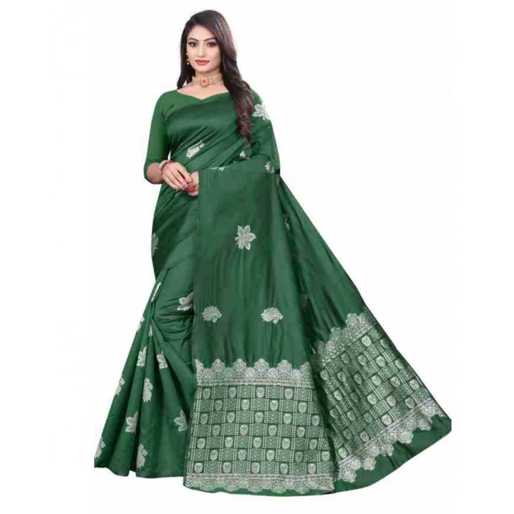 Green soft lichi silk printed saree with unstitched blouse (5.5mtr)
