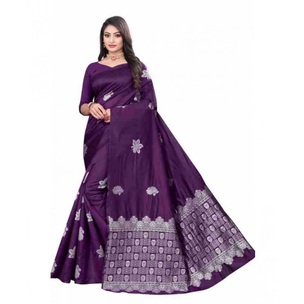 Purple soft lichi silk printed saree with unstitched blouse, luxurious Indian women's wear