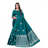 Rama colored soft lichi silk printed saree with unstitched blouse (5.5mtr)