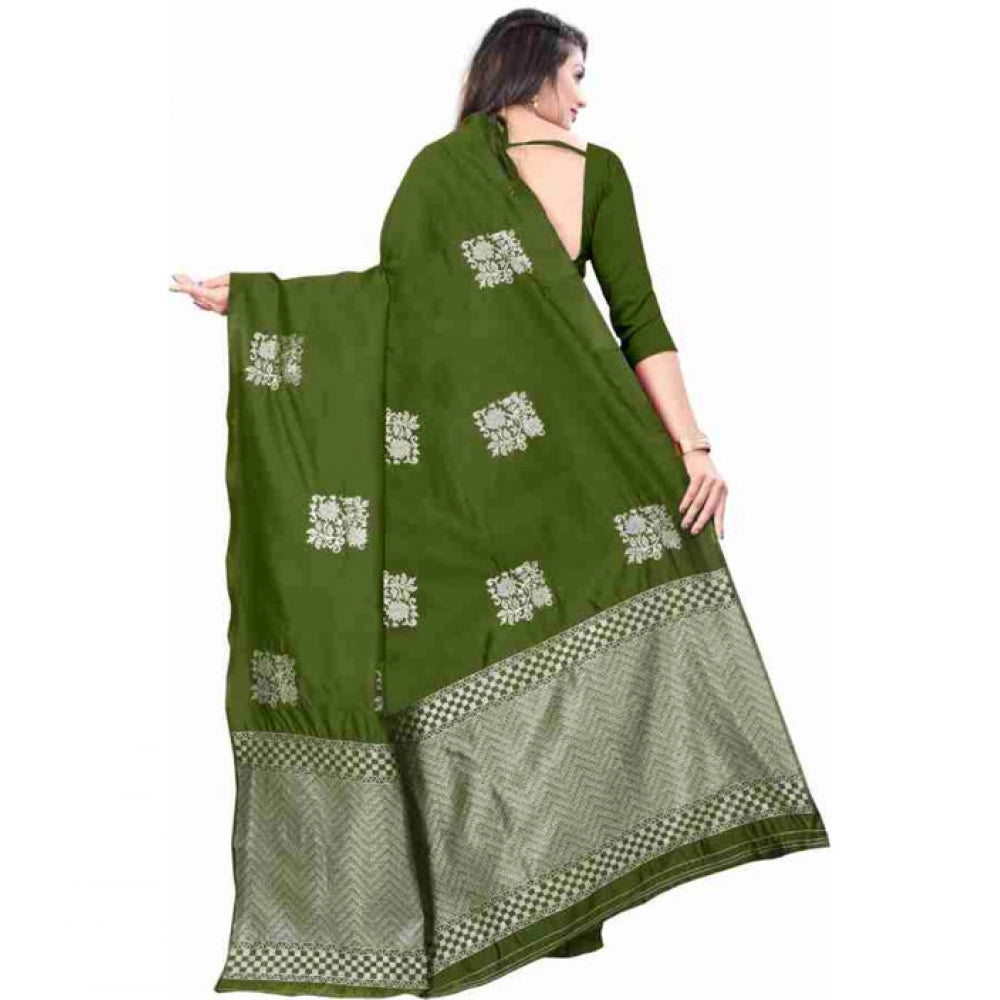 Green soft lichi silk printed saree with unstitched blouse, 5.5mtr length on mannequin