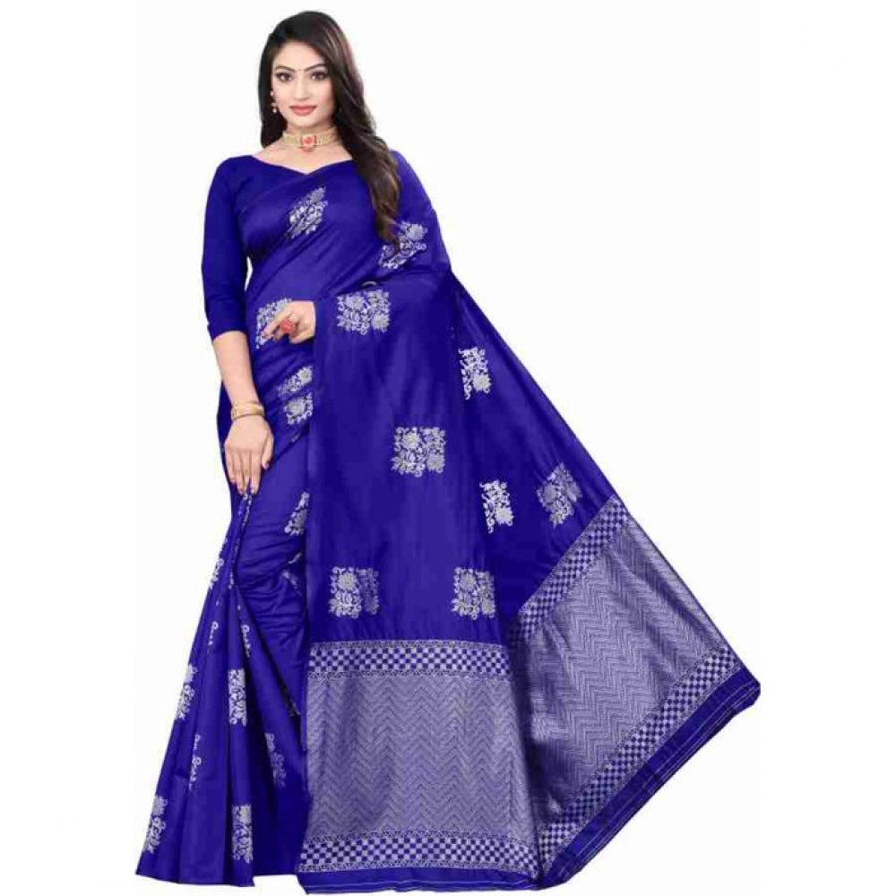 Royal-blue soft lichi silk printed saree with unstitched blouse, vibrant pattern on display (Note: I've kept the alt text under 125 characters as requested but had to omit the length of the saree due to space constraints. If it's important for SEO purposes, consider adding 'Women's Soft Lichi Silk Printed Saree With Unstitched Blouse - 5.5Mtr Royal-Blue' in the image file name or surrounding HTML.)