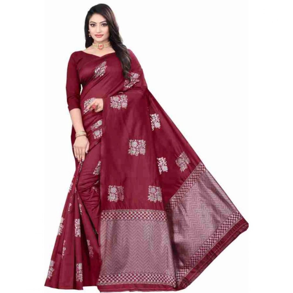 Maroon soft lichi silk printed saree with unstitched blouse, rich fabric detail visible up close