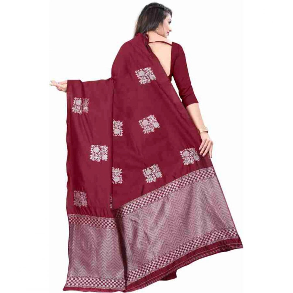 Maroon soft lichi silk printed saree with unstitched blouse, elegant maroon lichi silk outfit on display