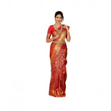 Red printed lichi silk saree with unstitched blouse (5.5mtr), luxurious Eastern wear for women