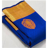 Royal-blue soft lichi silk printed saree with unstitched blouse (5.5mtr) on mannequin