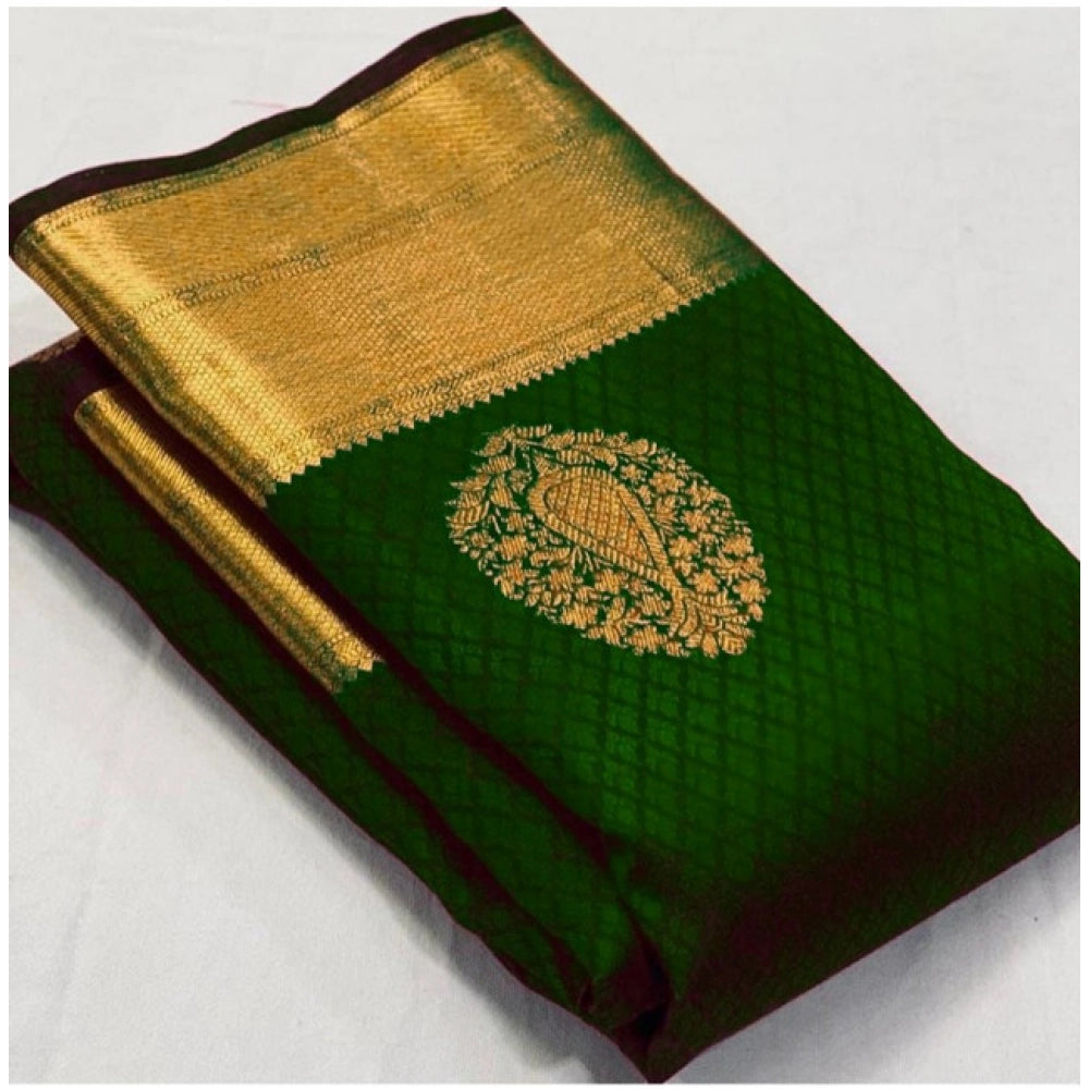Green soft lichi silk printed saree with unstitched blouse, luxurious Indian women's wear