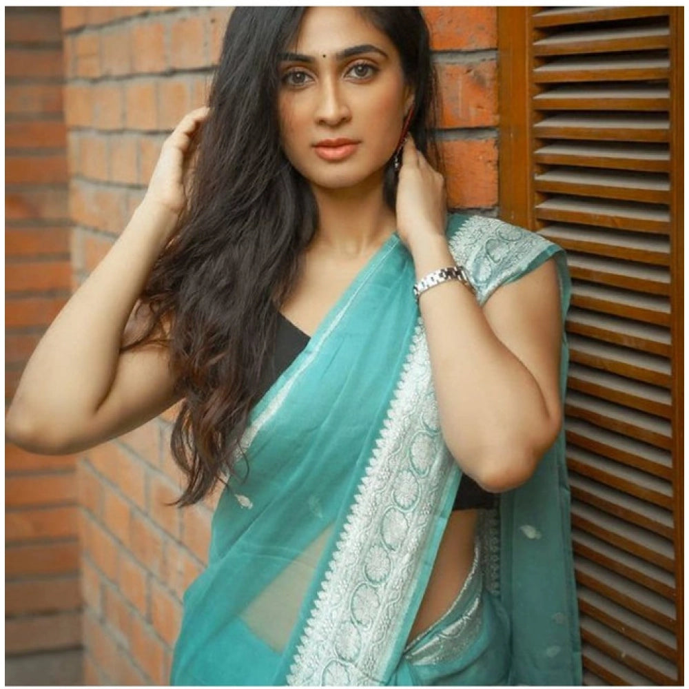 Soft sky-blue lichi silk printed saree with unstitched blouse, women's traditional Indian wear in natural light