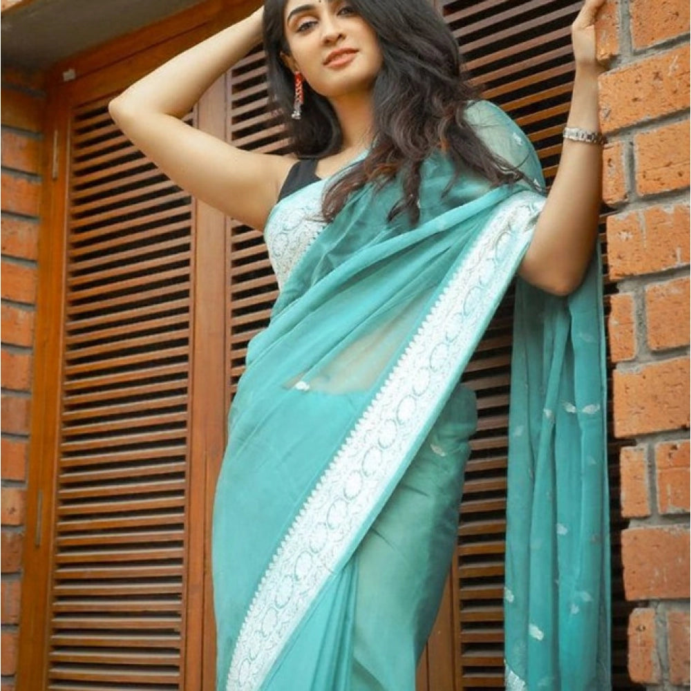 Sky-Blue soft lichi silk printed saree with unstitched blouse, luxurious Indian wear for women