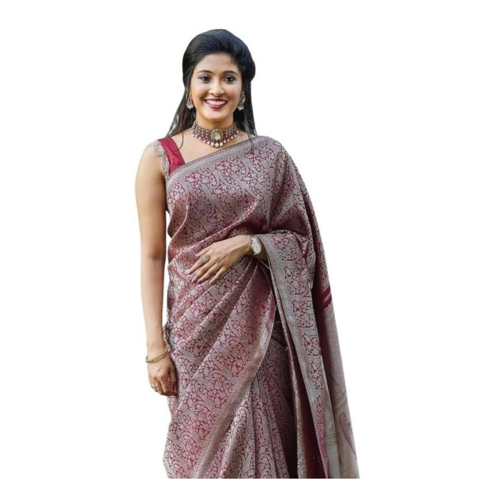 Soft wine lichi silk printed saree with unstitched blouse, 5.5mtr on hanger