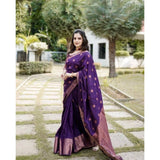 Blue soft lichi silk printed saree with unstitched blouse, 5.5mtr length