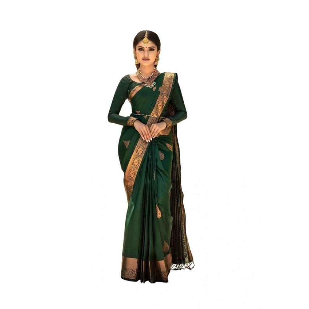 Green soft lichi silk printed saree with unstitched blouse, vibrant Indian wear on mannequin
