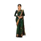 Green soft lichi silk printed saree with unstitched blouse, vibrant Indian wear on mannequin