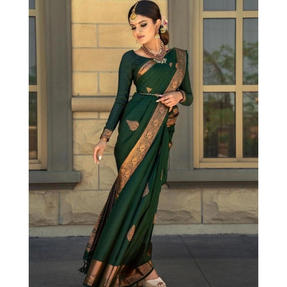 Green soft lichi silk printed saree with unstitched blouse, 5.5mtr length