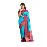Soft sky-blue lichi silk printed saree with unstitched blouse, perfect for traditional wear