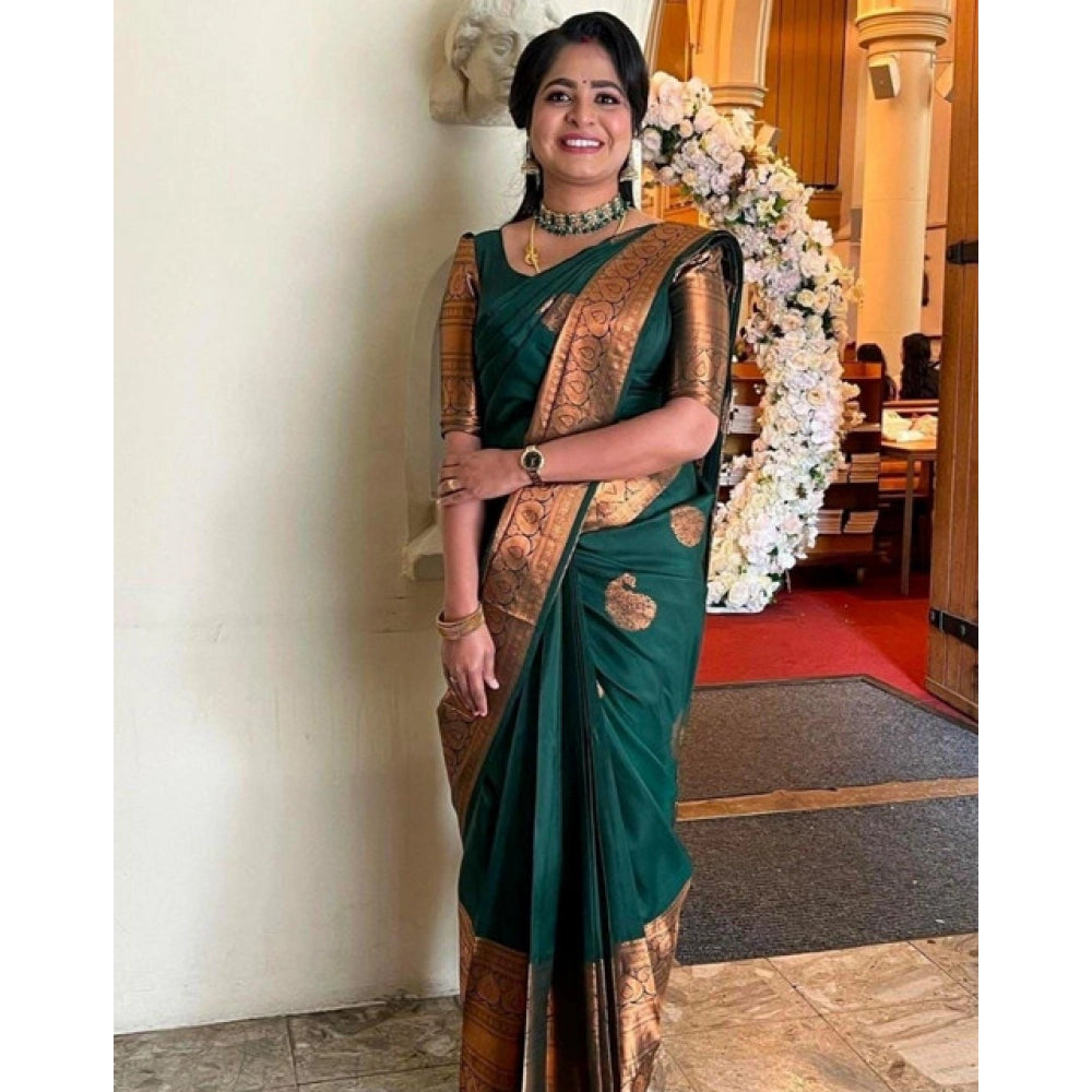 Green soft lichi silk printed saree with unstitched blouse, vibrant ethnic wear for women