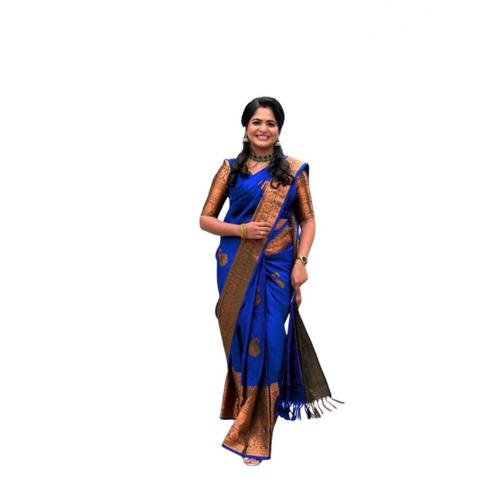 Navy-Blue soft lichi silk printed saree with unstitched blouse, vibrant design for traditional Indian wear