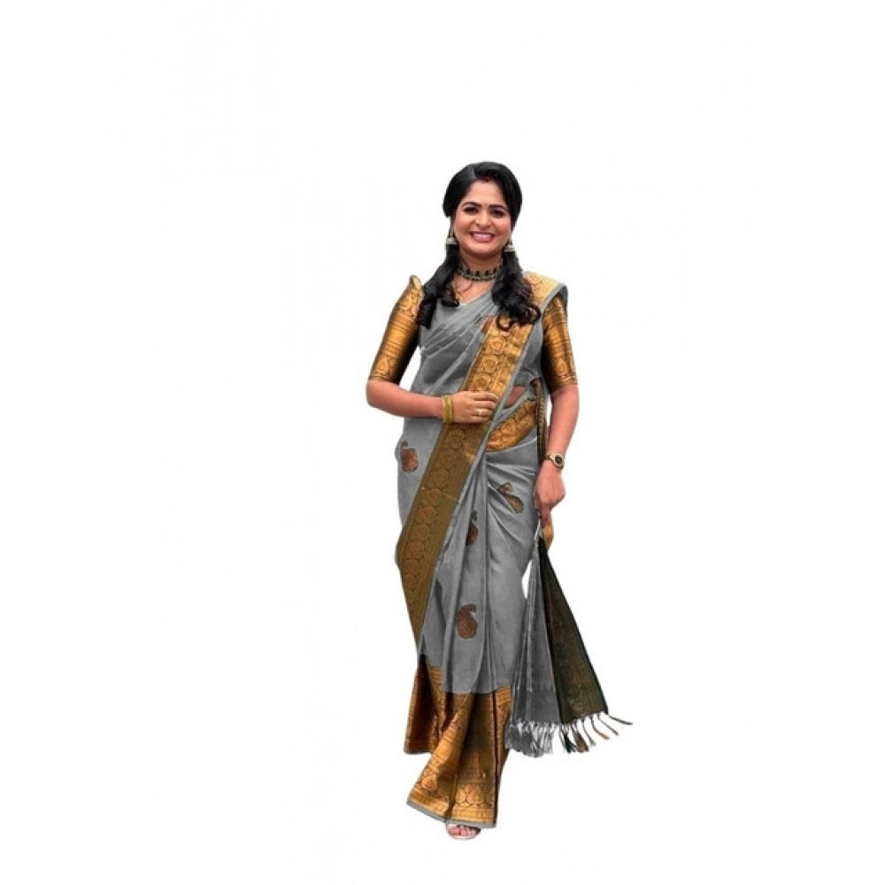 Grey soft lichi silk printed saree with unstitched blouse, 5.5mtr on mannequin