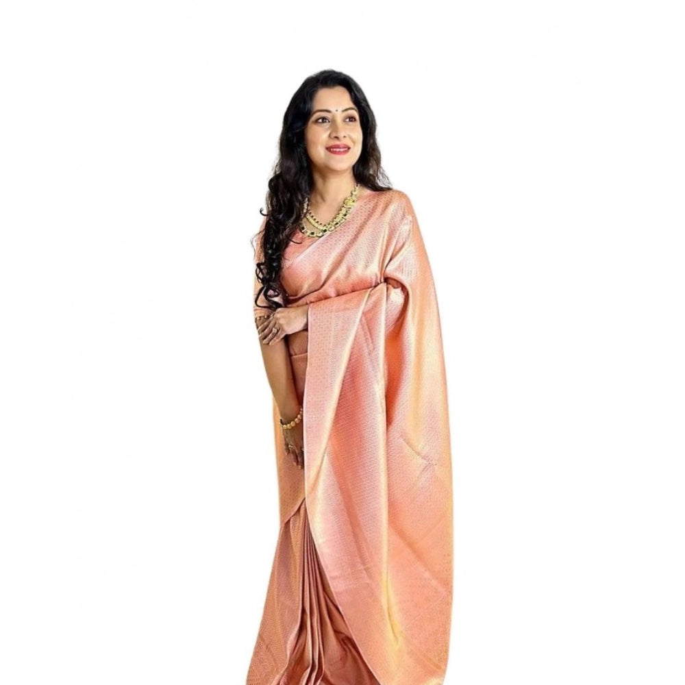 Peach soft lichi silk printed saree with unstitched blouse, 5.5mtr (closer view)