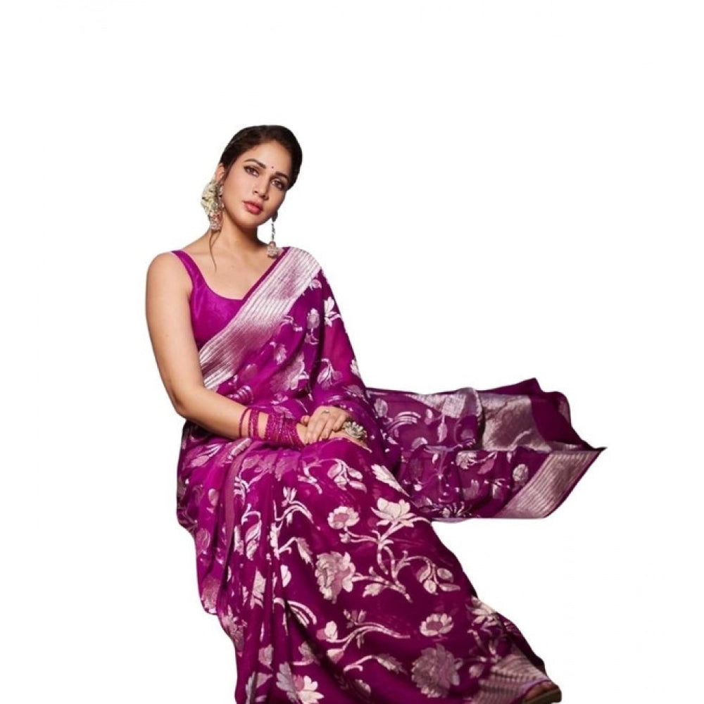 Purple soft lichi silk printed saree with unstitched blouse, vibrant floral design on display