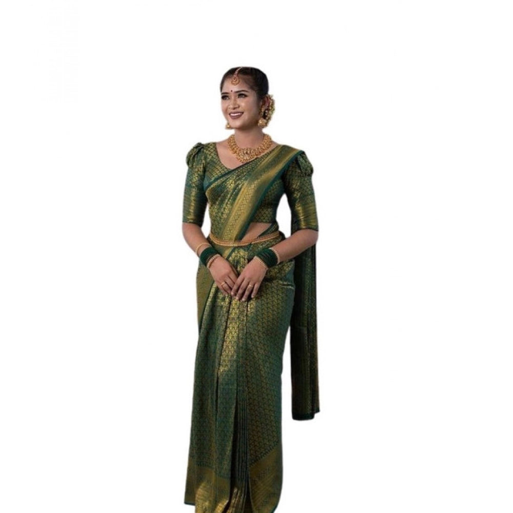 Green soft lichi silk printed saree with unstitched blouse, luxury Indian women's fashion accessory