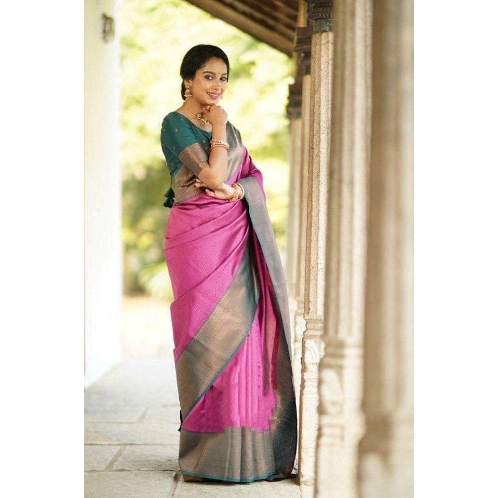Soft pink lichi silk printed saree with unstitched blouse, 5.5mtr on model